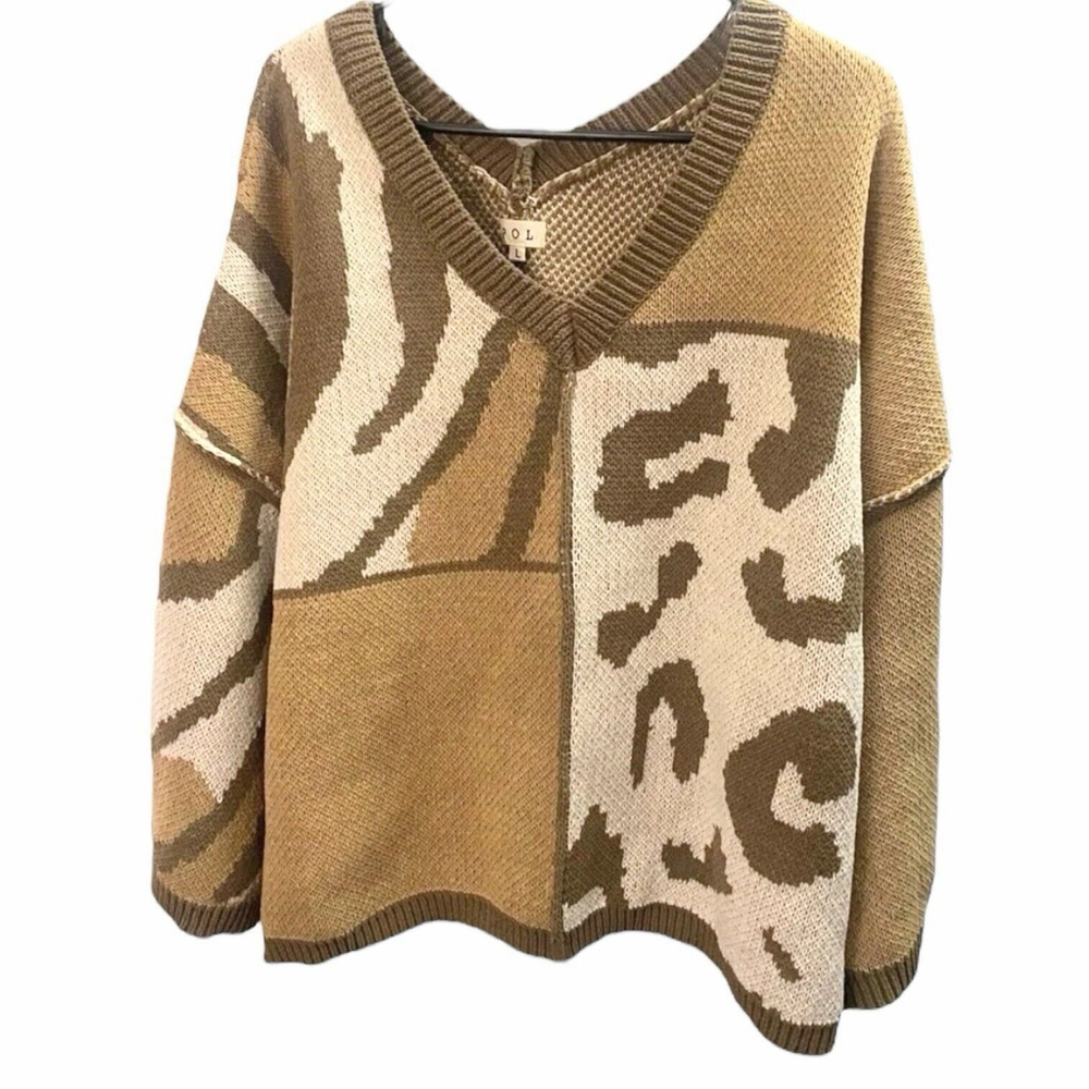 POL Womens M Sunrise Morning Mix Sweater Boxy Relaxed Fit V Neck Wide Sleeve